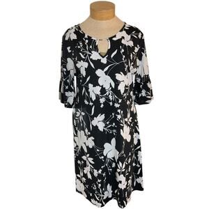 Ruby Rd Womens Black White Floral Dress Bell Sleeve Keyhole Neckline Size L